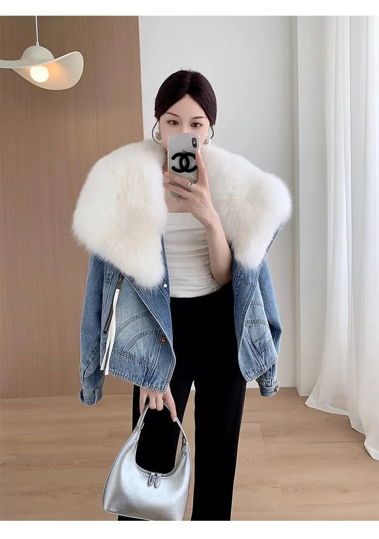 Denim Oversized 100% Real Fox Fur Collar Short Women's Goose Down Puffer Jean Jacket