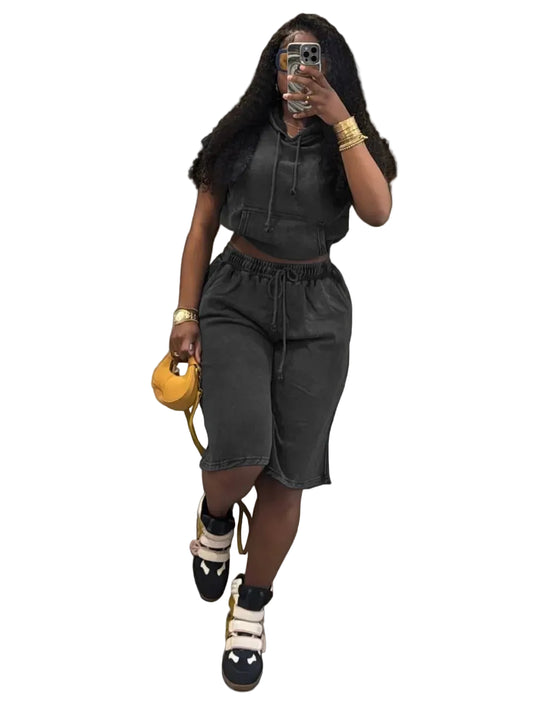 Washed Mock Denim Sleeveless Streetwear Women's Hoodie Top + Drawstring Shorts 2-Piece Set