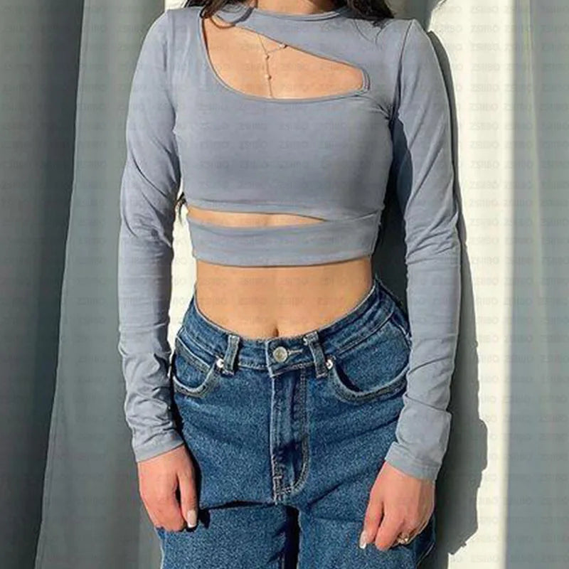 Irregular Hollow-Out Layered O-Neck Long Sleeve Women's Crop Top