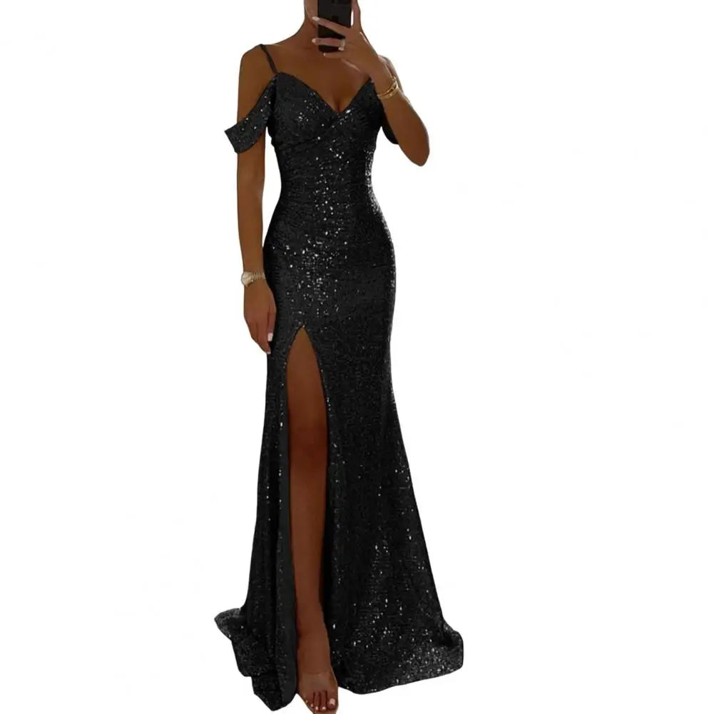 Shiny Sparkling Sequin Off-the-Shoulder V-Neck High Side Slit Party Maxi Dress