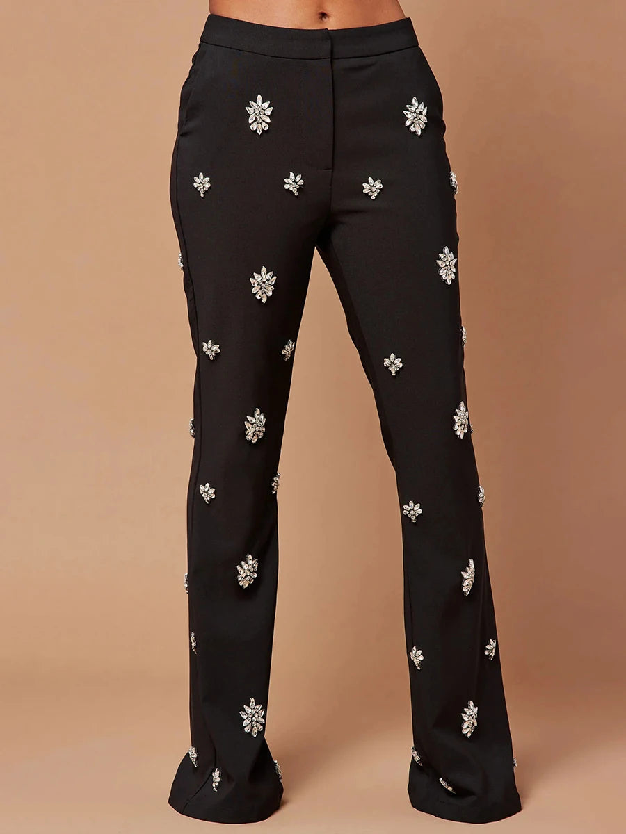 Patchwork Diamond Notched Collar Long Sleeve Blazer + High Waist Flared Pants Women's Formal Suit