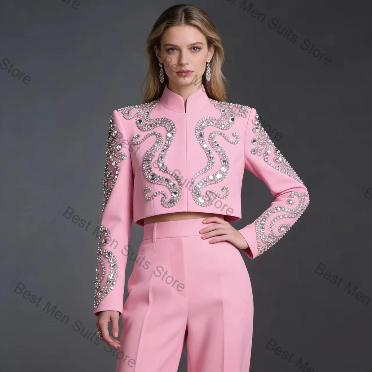 Pink Women Suit Set 2 Pcs Blazer Pants Trousers Crystals Stand Collar Formal Office Jacket Customized Wedding Tuxedo Guest Coat