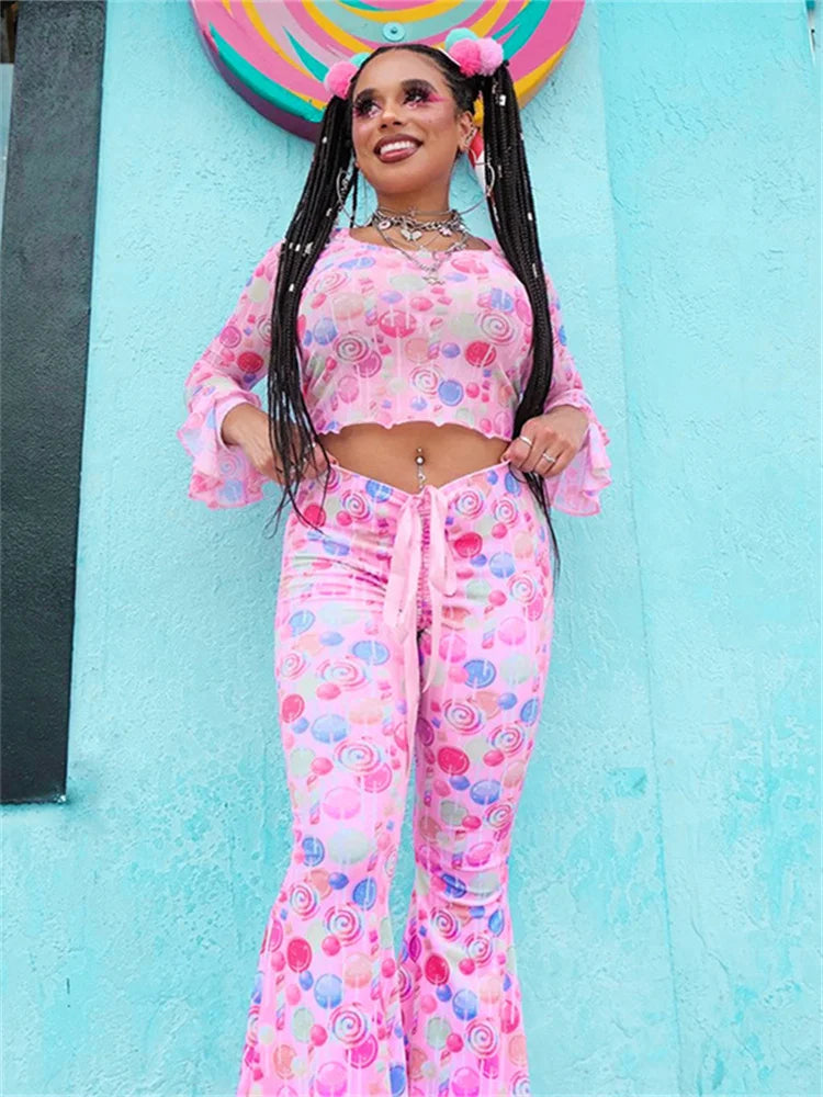 Pink Long Sleeve O-Neck Crop Top"+ High Waist Flare Bell Bottom Pants 2-Piece Set