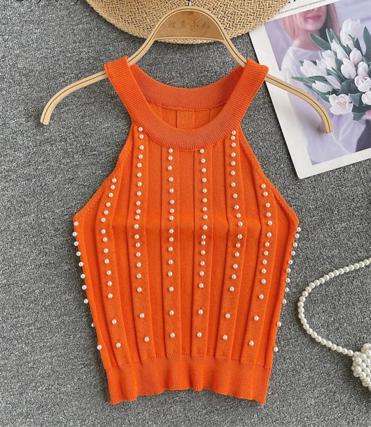 Pearl Embelished Women's Backless Sleeveless Halter Streetwear Mini Knitted Tank Top