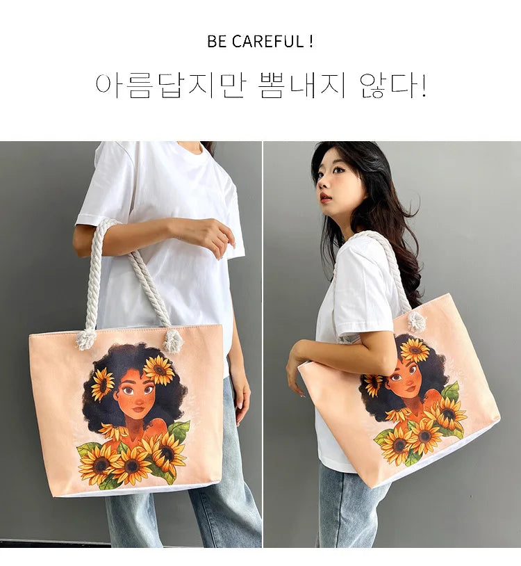 Black African Woman 3D Canvas Print Women's Single Shoulder Large Capacity Tote Bags