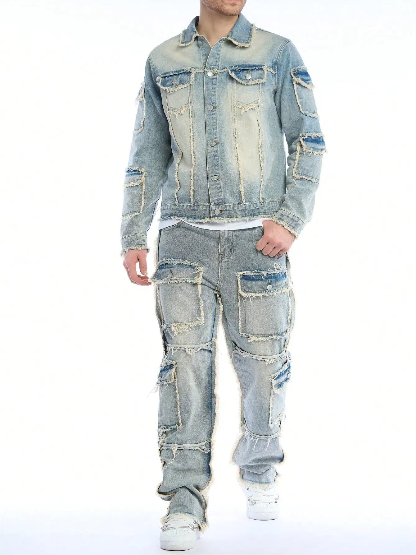 Men's Washed Denim Ripped Faded Light Blue Fringe Hem Multi-Pocketed Hip-Hop Cargo Jeans 2-Piece Set (Jean Jacket + Stacked Jeans)