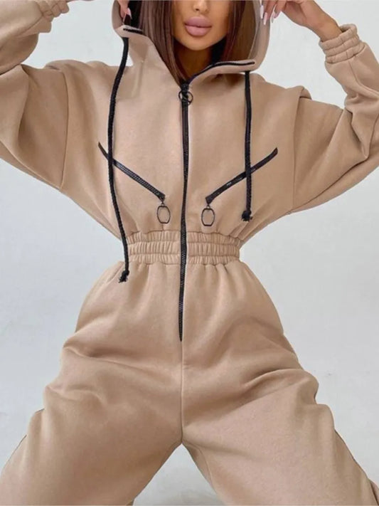 Drawstring Long Sleeve Zipper Hoodie Elastic Pencil Pant Romper