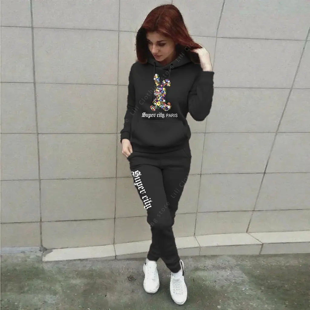 Hip-Hop Rainbow Bunny Rabbit Print Long Sleeve Hoodie Sweatshirt + Women's Jogger Sweatpants Tracksuit to 3X Plus Size