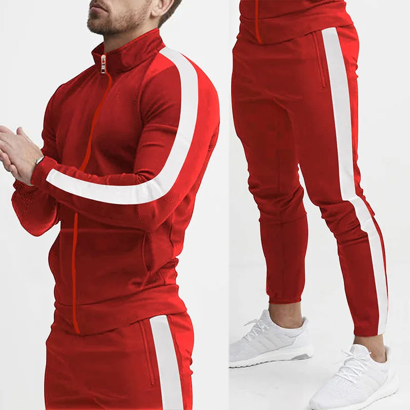 Men's Striped Mandarin Collar Fitness Zipper Jacket + Skinny Side Striped Jogger Sweatpants Tracksuit