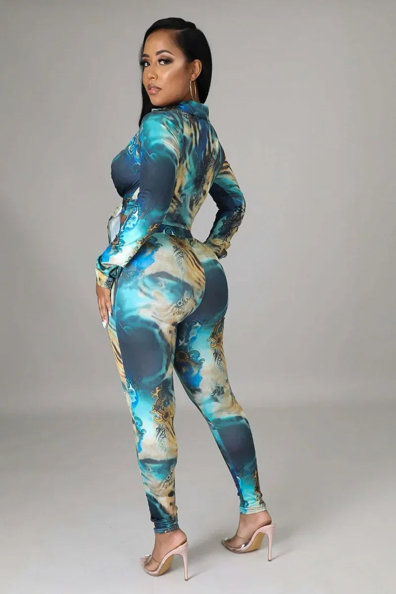 Blue Ocean Floral Print Women's Long Sleeve Blouse + Skin Tight Leggings 2-Piece Set