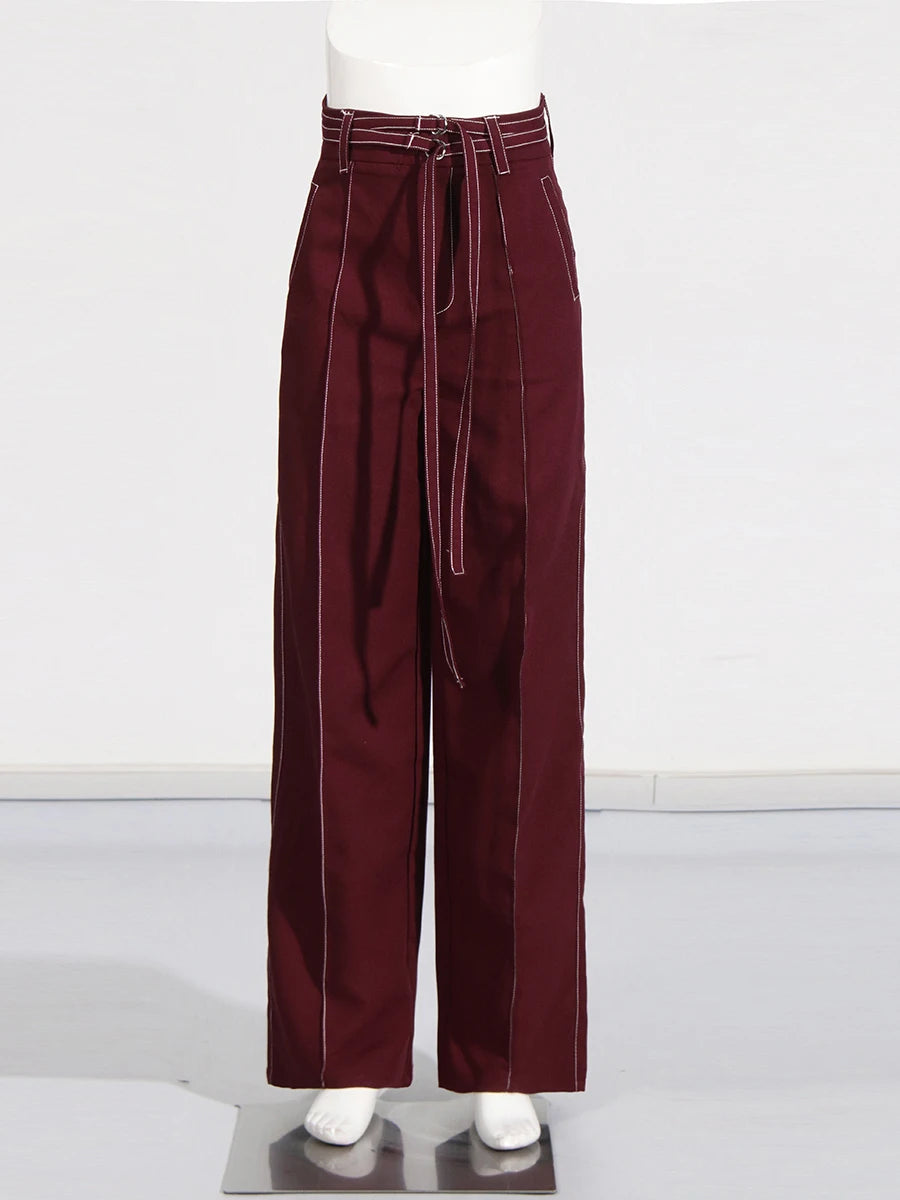 Burgundy Irregular Notched Collar Double Strap Design Blazer Jacket + High Waist Straight Pants Women's Formal Suit