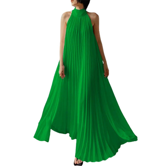 Sleeveless Halter Neck Pleated Party Loose A-Line Maxi Dress