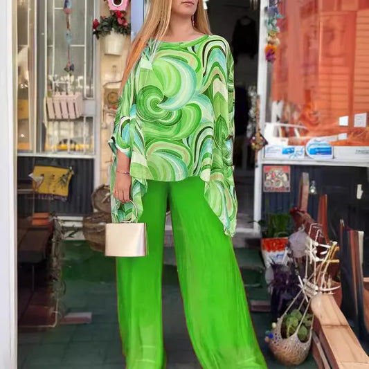 Swirl Geometric Chiffon Batwing Long Sleeve Blouse + Solid Pants Women's 2-Piece Set