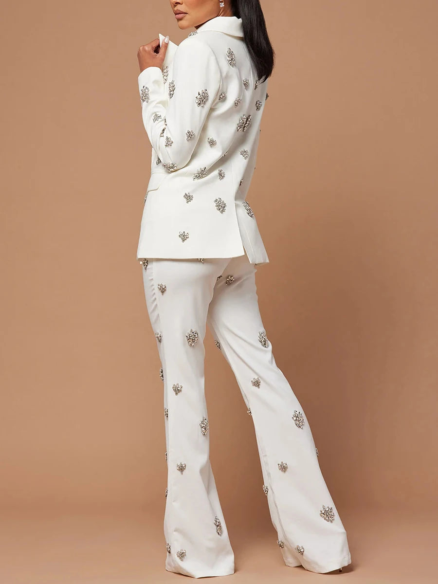 Patchwork Diamond Notched Collar Long Sleeve Blazer + High Waist Flared Pants Women's Formal Suit