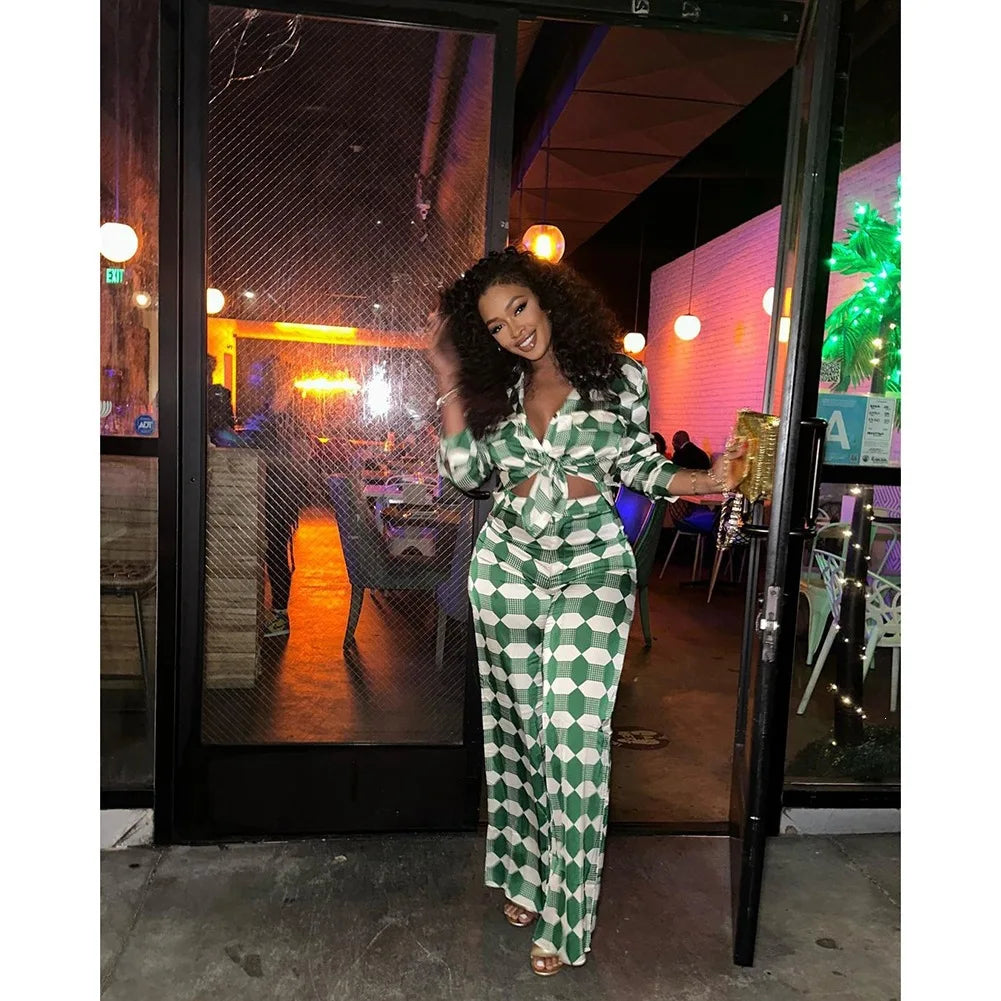 Geometric Checkered Print Women's Long Sleeve Blouse + Pants Set