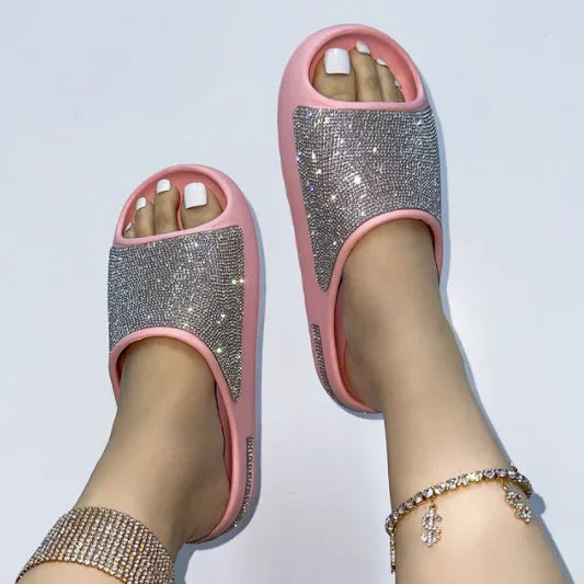 Rhinestone Glitter Sparkling Oversized Open Toe Ladies Flip Flop Sandals Slides