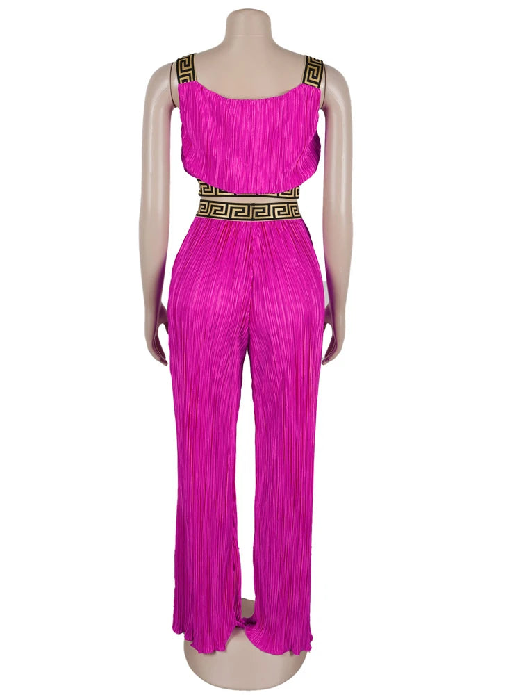 Solid Color Sleeveless Ruched Women's Crop Halter Top + Palazzo Pants 2-Piece Set