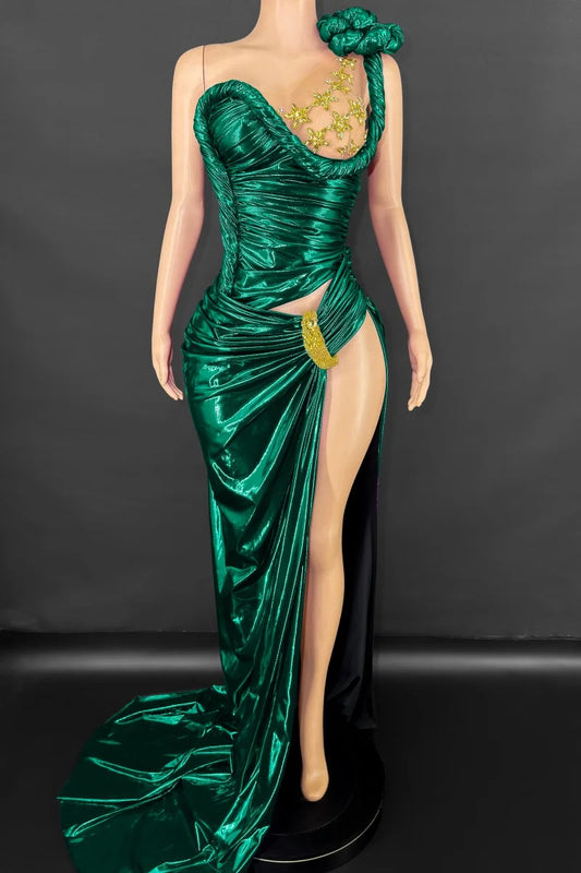 Irregular Sleeveless Ruched Faux Leather Rhinestone Asymmetrical Sexy One Sleeve High Slit Floor-Length Maxi Bodycon Formal Party/Prom Dress
