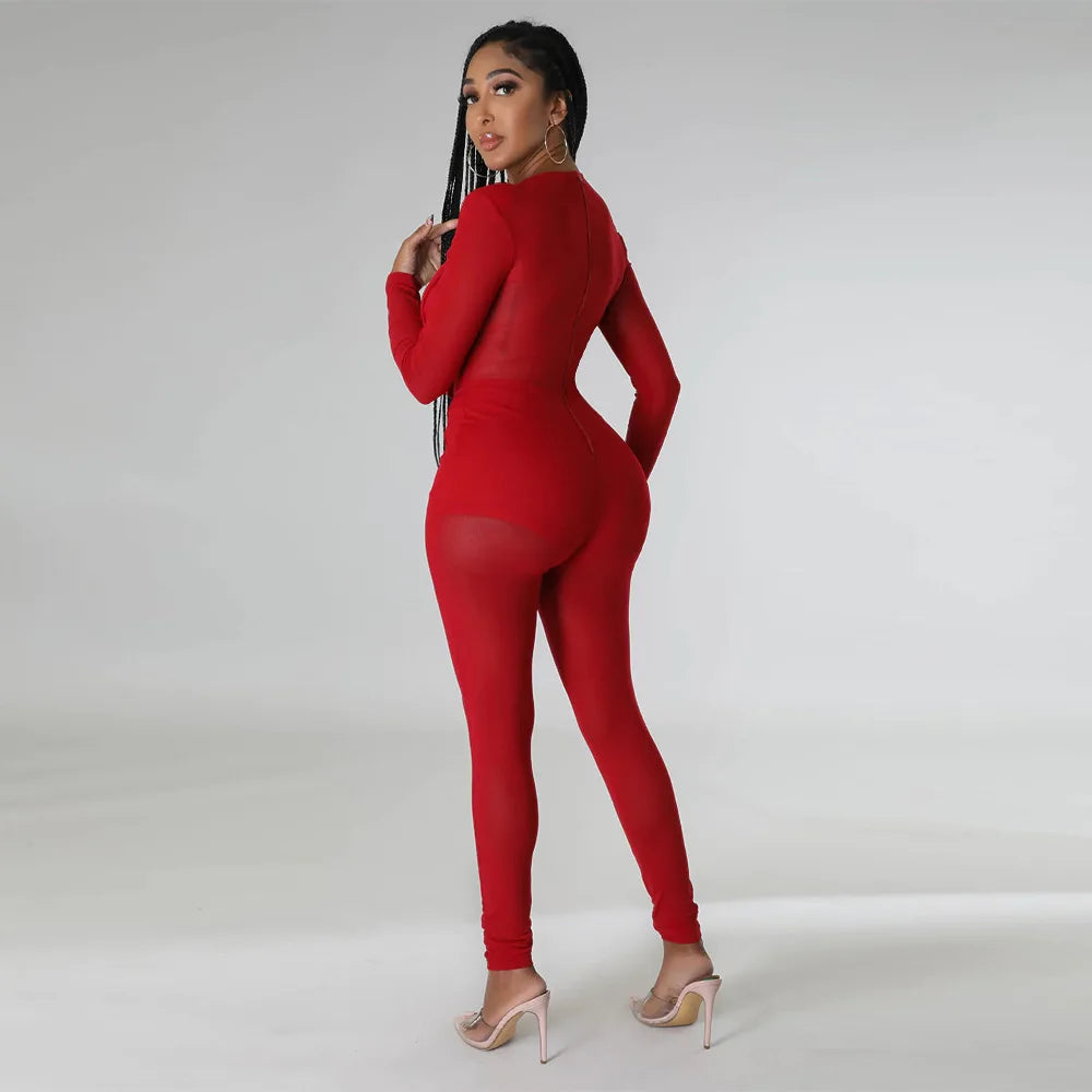 Sheer Transparent Corset Design Long Sleeve V-Neck Solid Color High Waist Jumpsuit