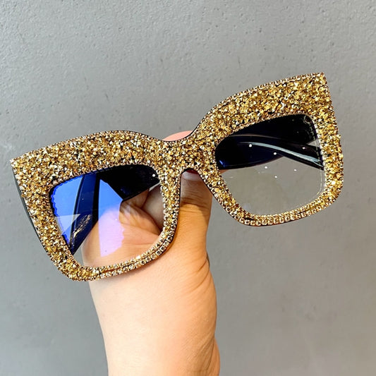 Glitter Rhinestone Ladies Anti-Blue Light Computer Square Oversized Eyeglasses