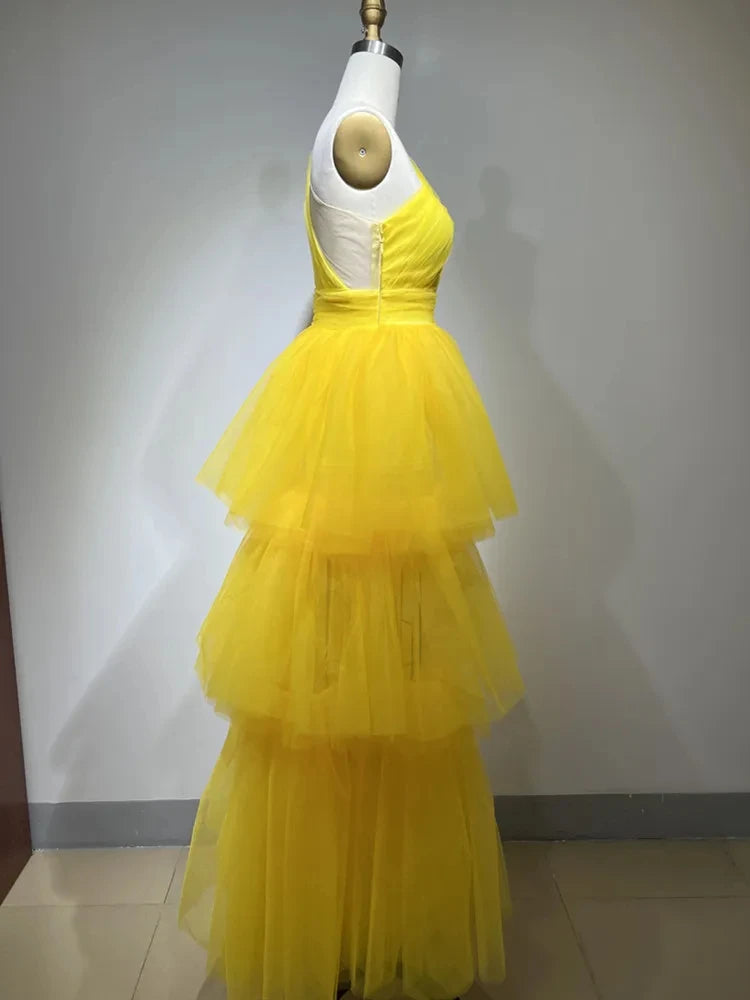 Yellow Pleated Layered Organza Tiered Asymmetrical One Shoulder Prom/Party Formal Dress w/ Train