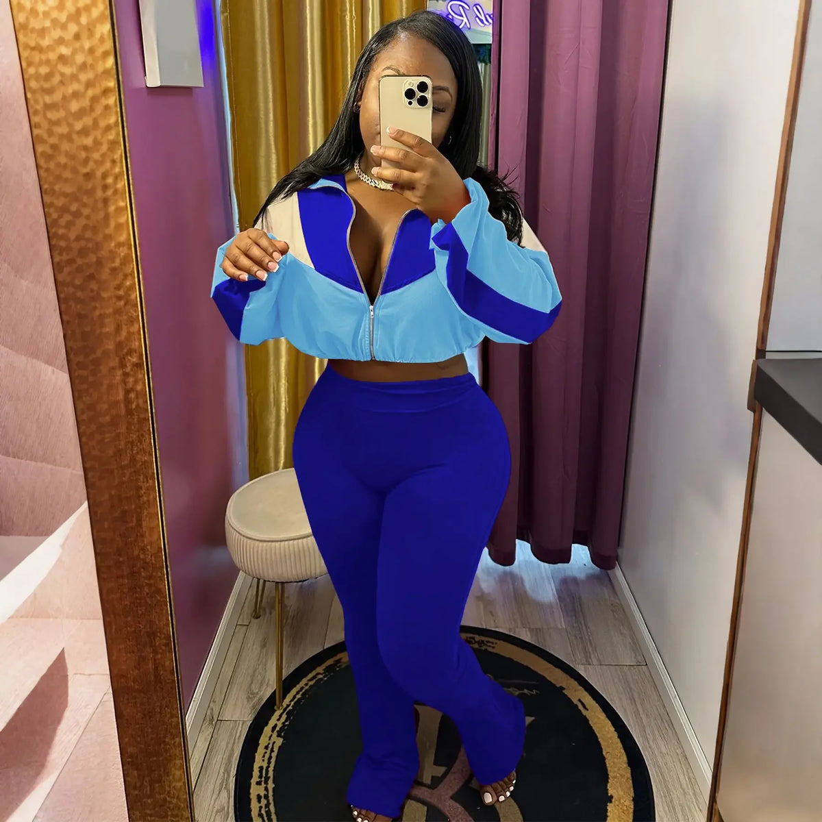 Velvet Striped Colorblock Women's Zipper Sports Jacket + Solid Sweatpants Tracksuit