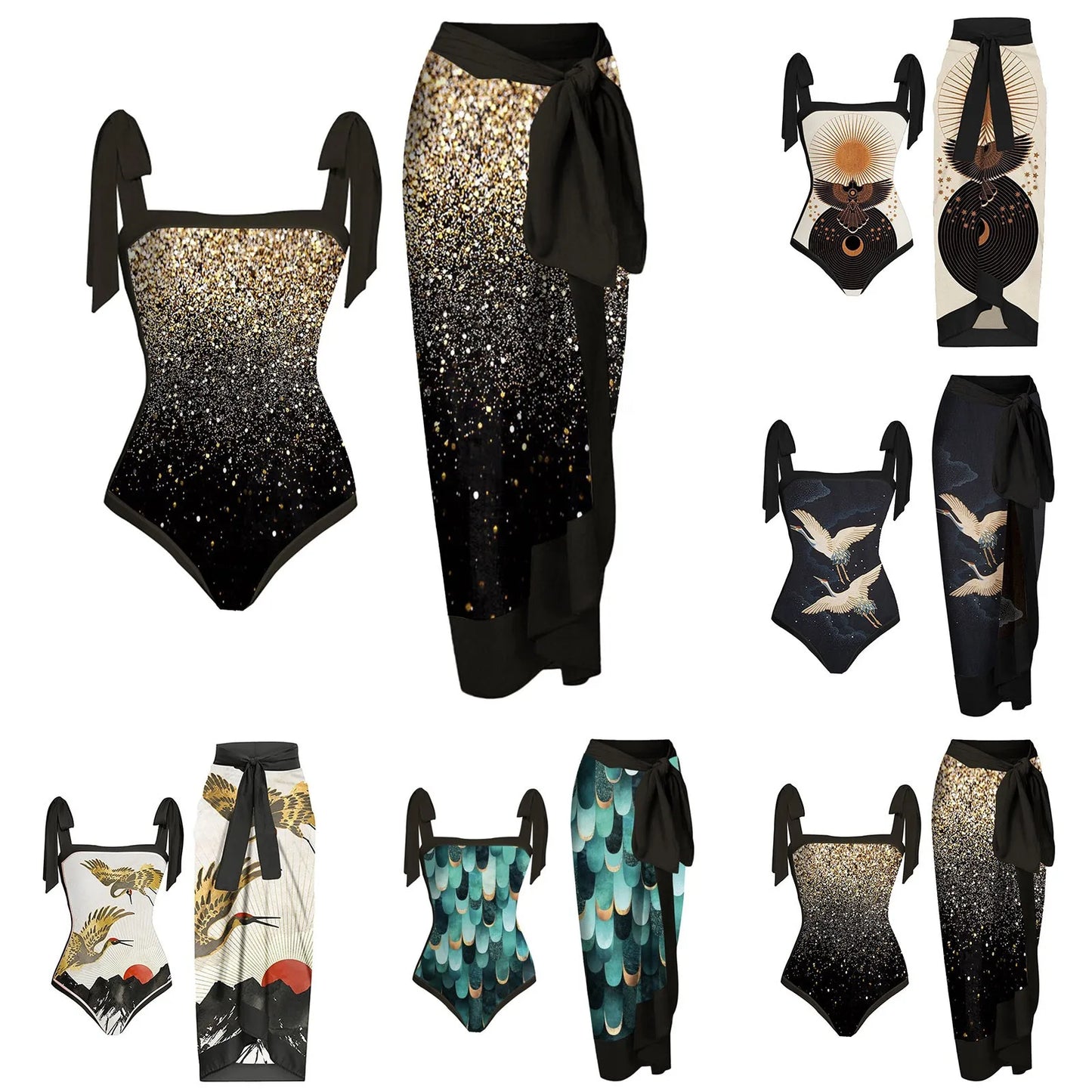 Vintage Colorblock Abstract Floral Print Monokini Swimsuit 2-Piece Tankini Set