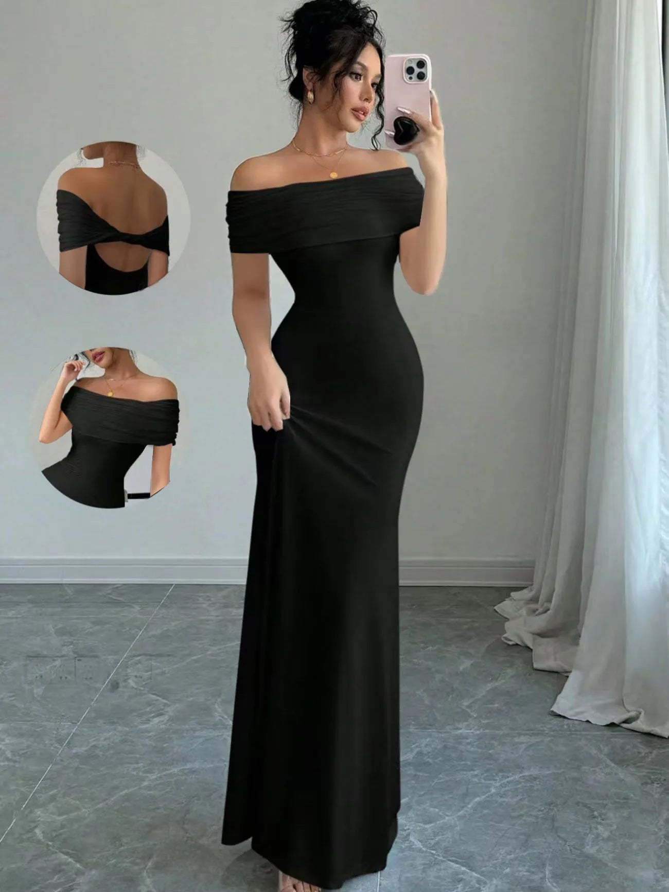 Off-the-Shoulder Solid Color Sleeveless Bodycon Bandage Maxi Fishtail Dress