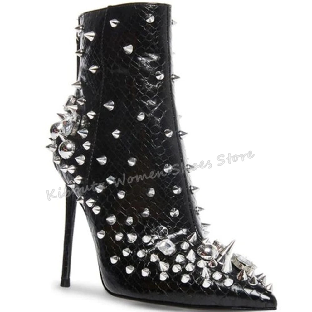 Stud Spiked Crystal Rivet Embellished Zipper Back Pointed Toe Thin Heel Women's Ankle Boots