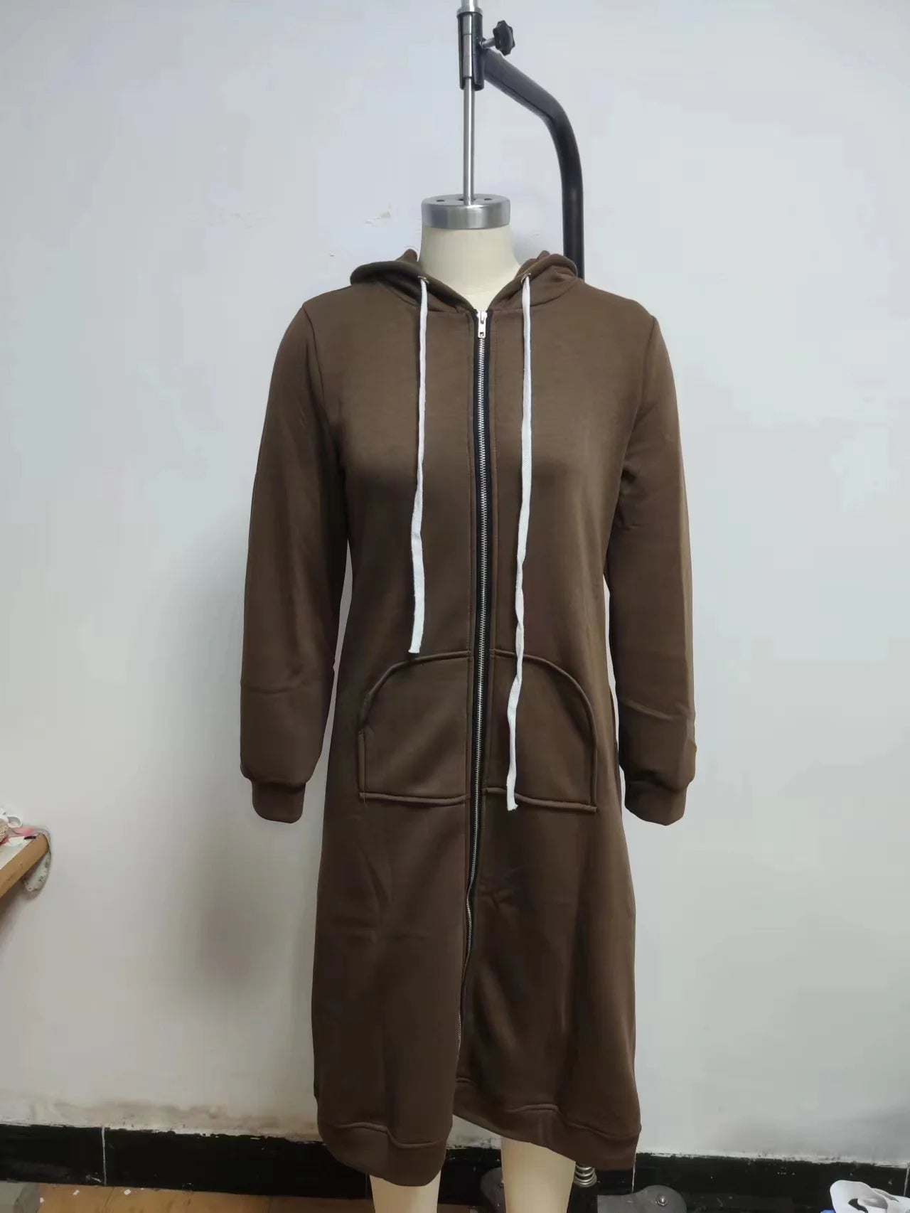 Drawstring Solid Color Women's Long Sleeve Zipper Maxi Hoodie Sweatshirt w/ Pockets