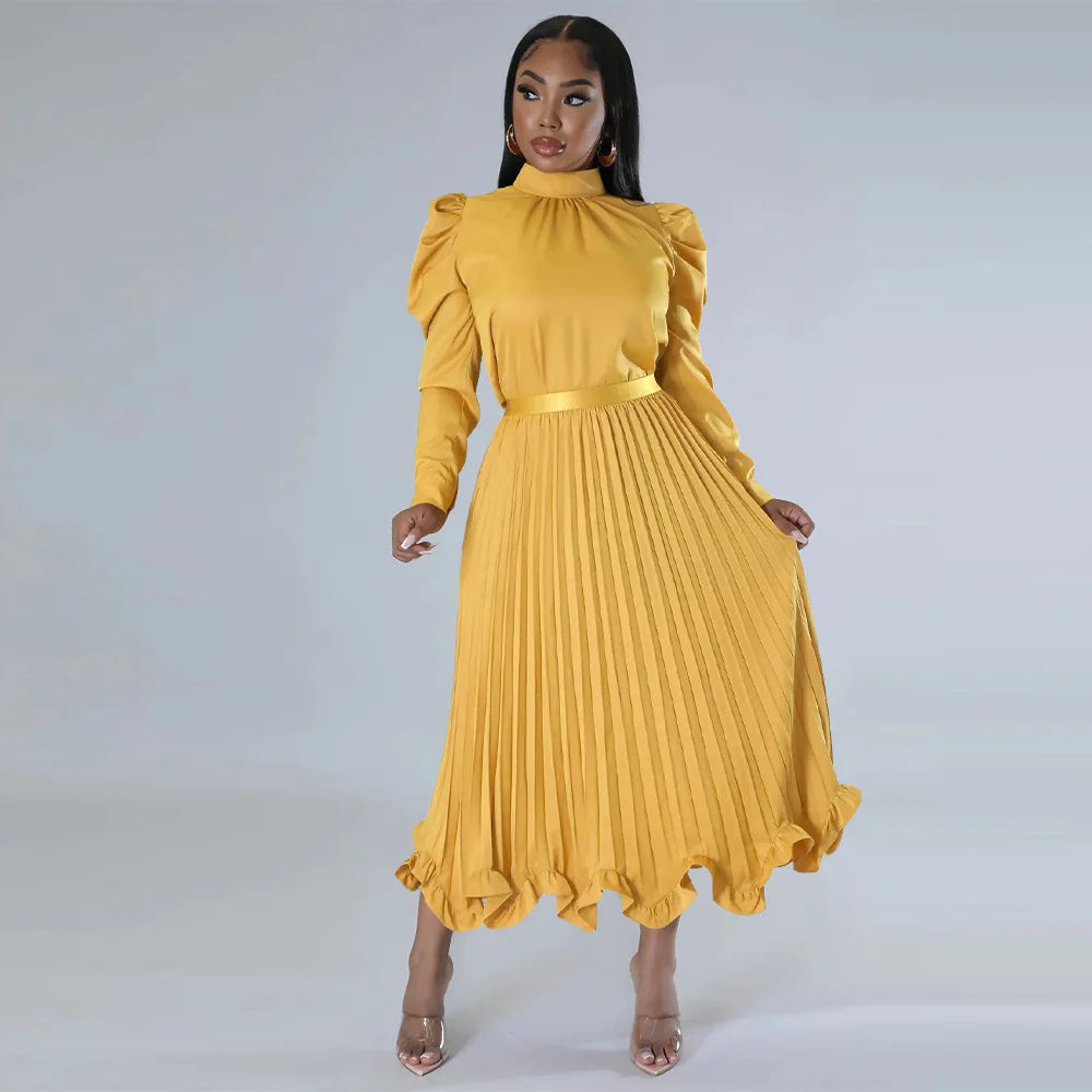 Women’s Solid Color O-Neck Lantern Sleeve Blouse + A-Line Flounce Formal Pleated Maxi Skirt w/ Sash Belt 2-Piece Set