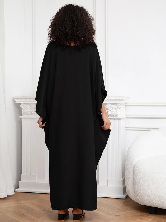 Bohemian Solid V-Neck Batwing Sleeve Loose Maxi Dress