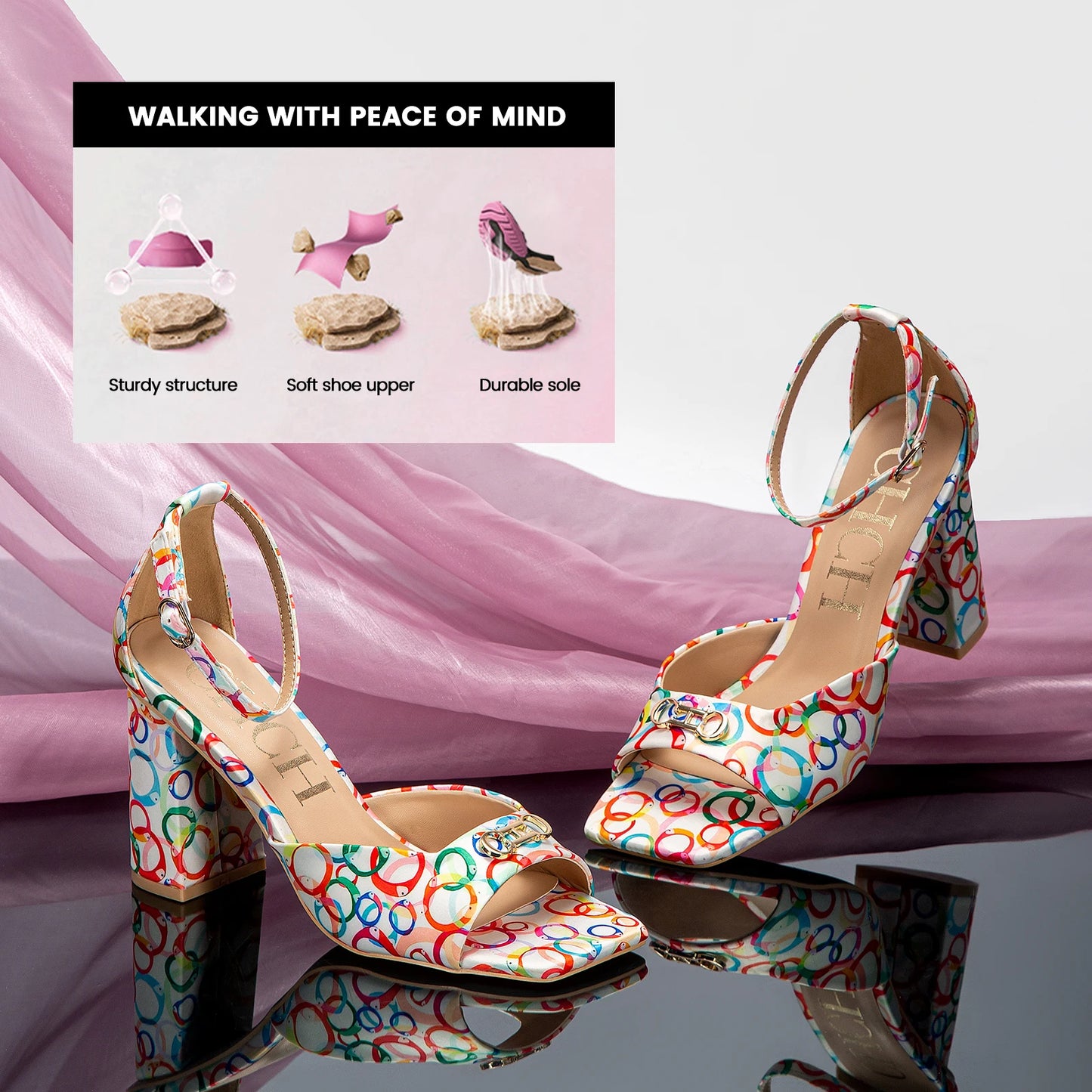 Monogram/Solid Pattern Open Square Toe Design Women's Platform Heel Sandals