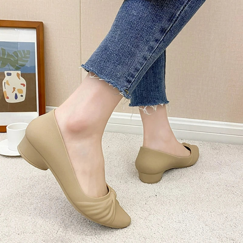 Ladies Slip-On Waterproof PVC Shallow Low Heel Pointed Toe Pumps