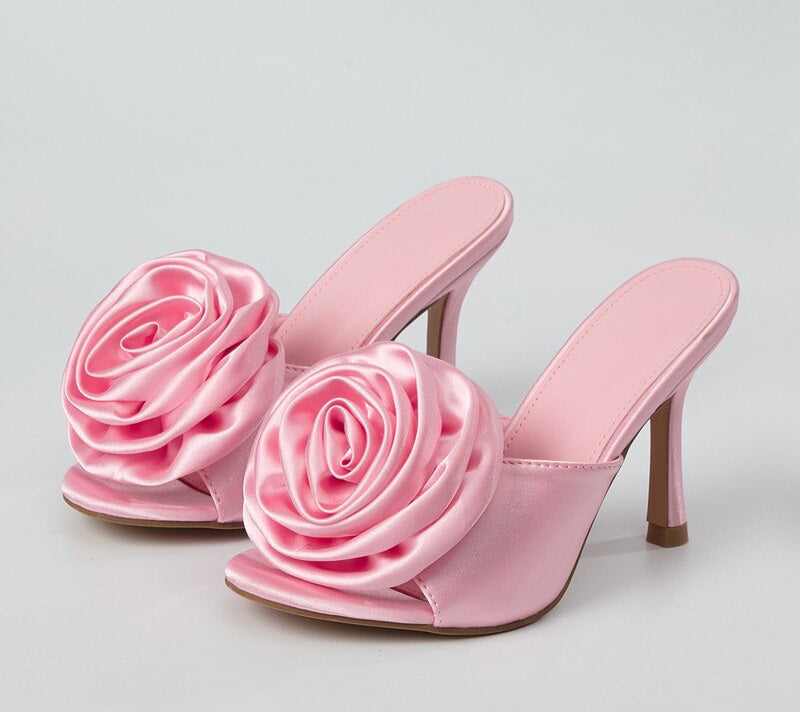 Oversized Silk Rose Design Peep Toe Slip-On Mule High Heel Sandal Pumps