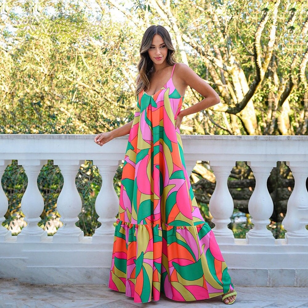 3D Floral Sleeveless Printed V-Neck Maxi Dress