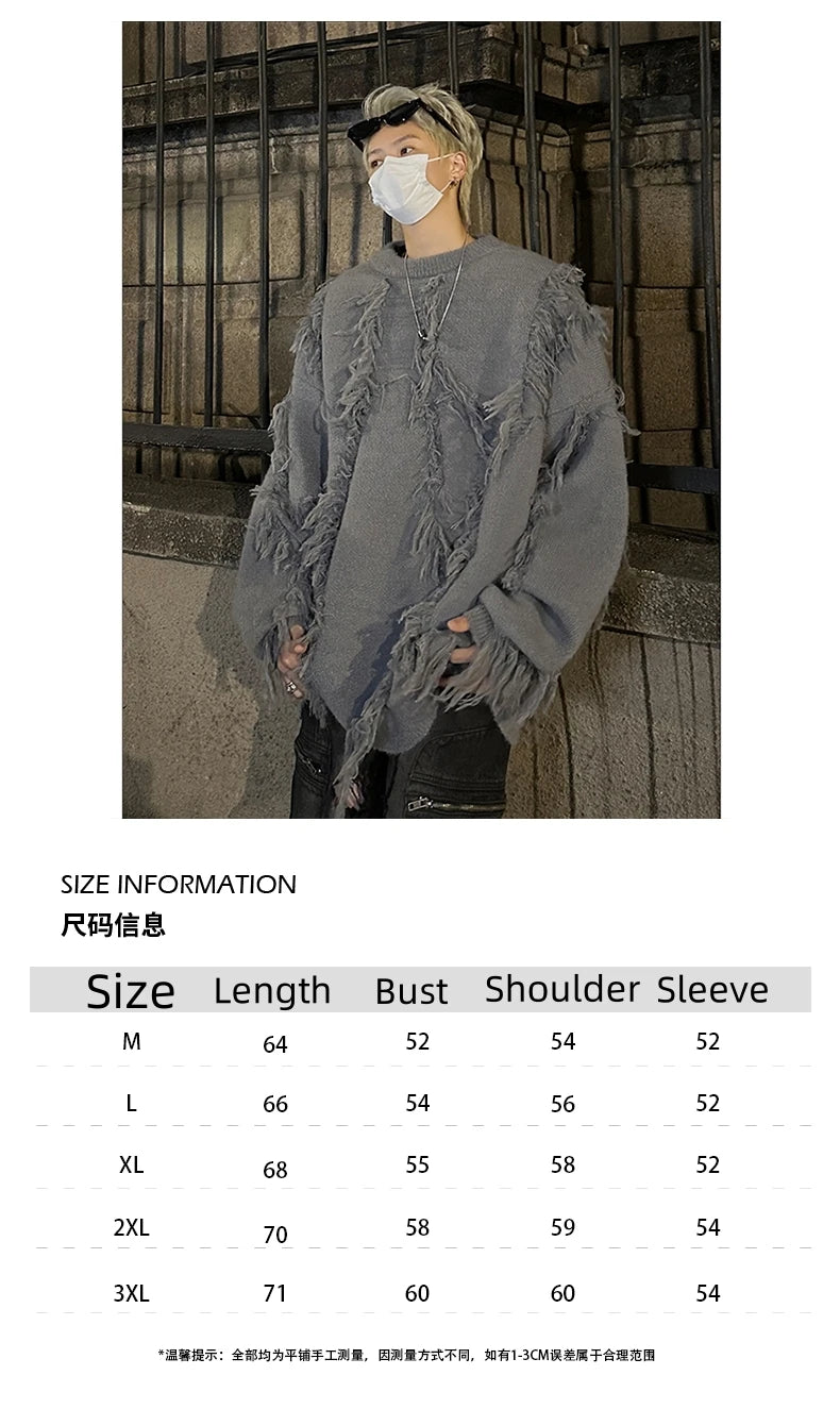 Men's Ripped Oversized Tassels Fringe Women's Streetwear Pullover Knitted O-Neck Sweaters