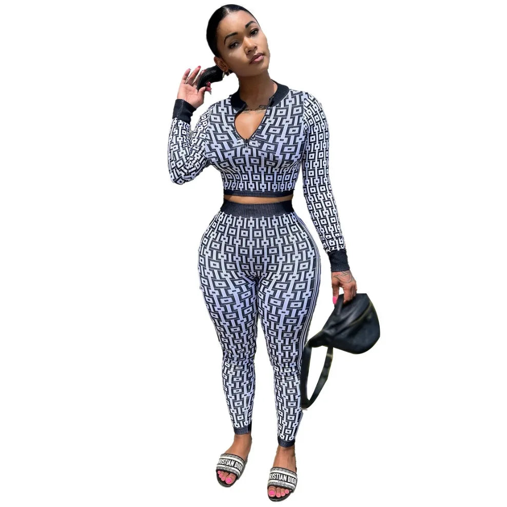 Geometric Print Women's Pullover Long Sleeve V-Neck Crop Top + Leggings 2-Piece Set