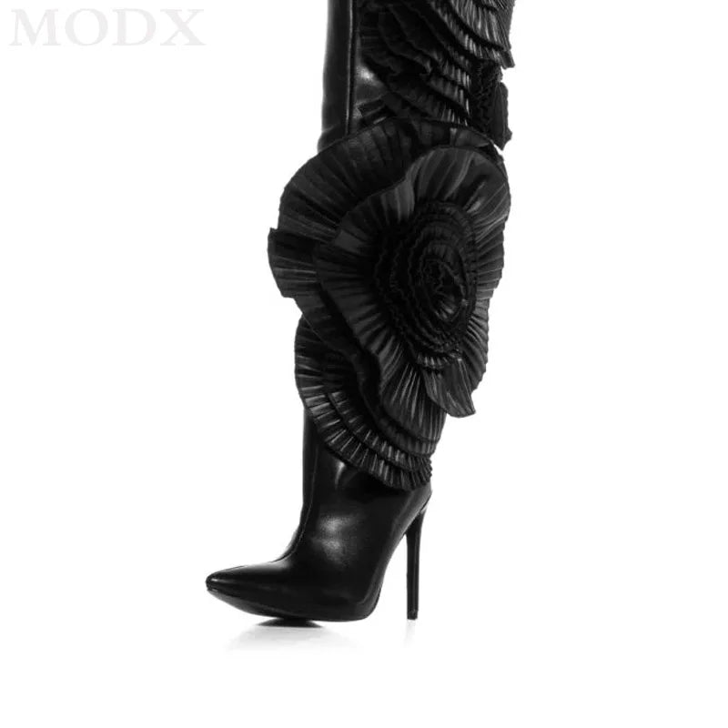 Pleated Real Leather Flower Embellishment Over- The-Knee Pointed Toe Thigh High Boots