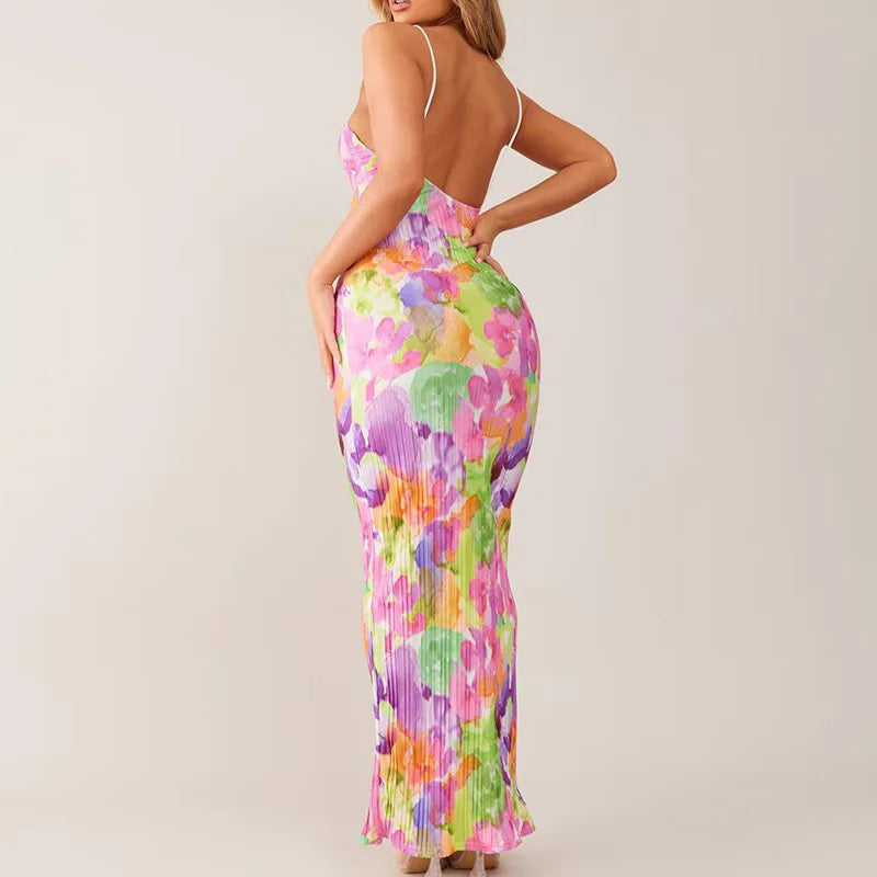 Pleated Halter Floral Printed Spaghetti Strap V-Neck Skinny Backless Maxi Dress