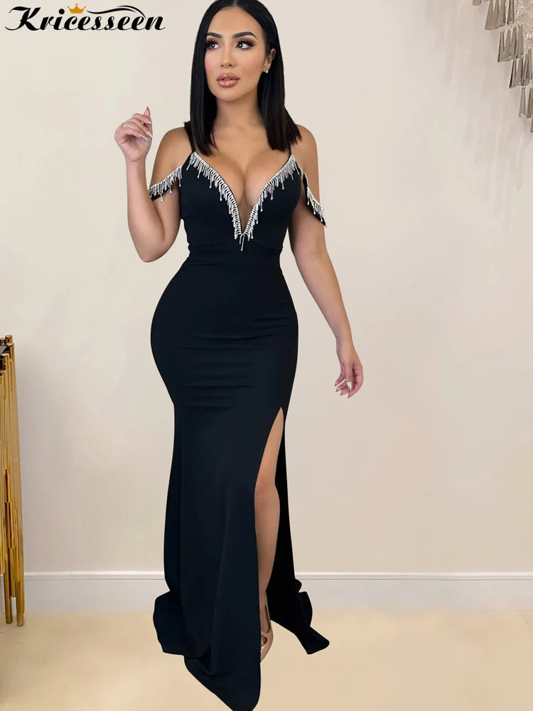 Sparkle Rhinestone Off-the-Shoulder High Slit Fringed Formal Maxi Dress