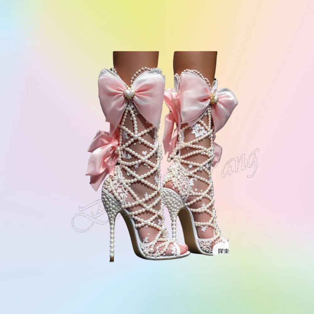 Pink Pearl Chain Bowknot Design Pointed Toe Stiletto Heel Women's Ankle Boots