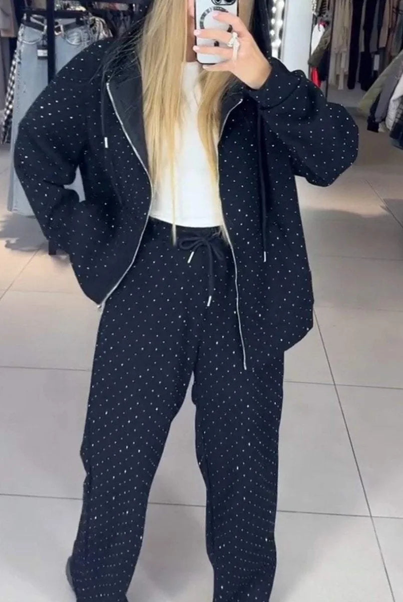 Sequin Polka Dot Embellished Women's Hoodie Sweatshirt + Wide Leg Sweatpants Tracksuit