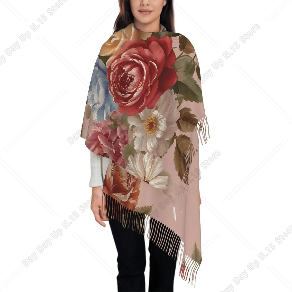 Oversized Heart Breast Cancer Awareness Pink Ribbon Print Tassel Fringe Shawl Scarf