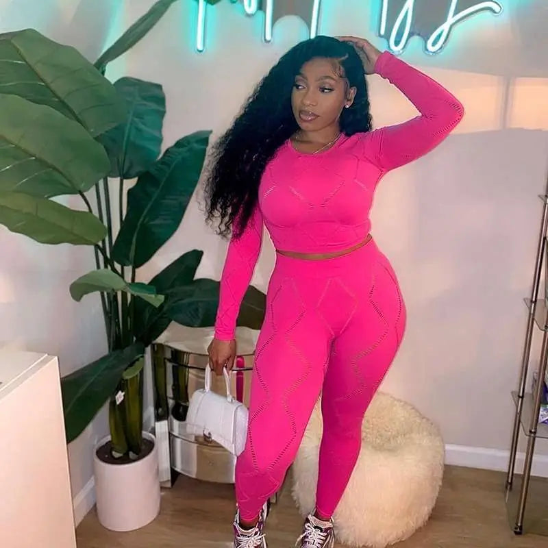 Knitted Geometric Pattern Long Sleeve Crop Top + Matching Biker Shorts Women's Solid Color 2-Piece Set