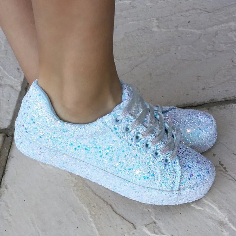 Glitter Lace Up Glitter Flat Vulcanized Ladies  Sneakers