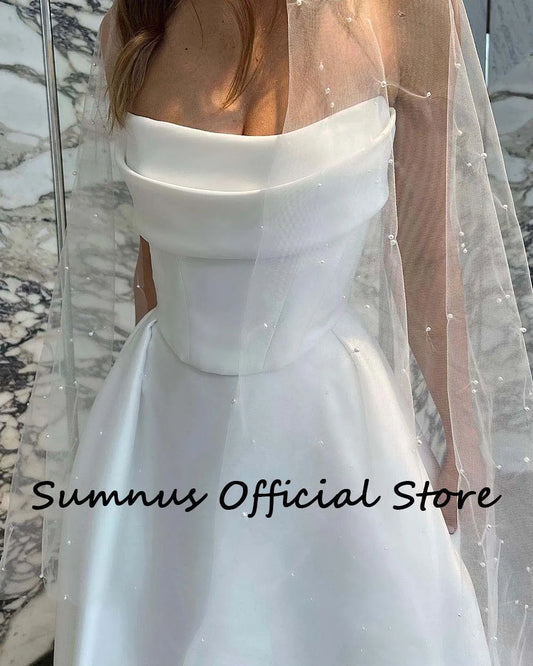 Satin Vintage Tiered A-Line Strapless High Slit Bridal Wedding Gown Floor-Length Dress w/ Train