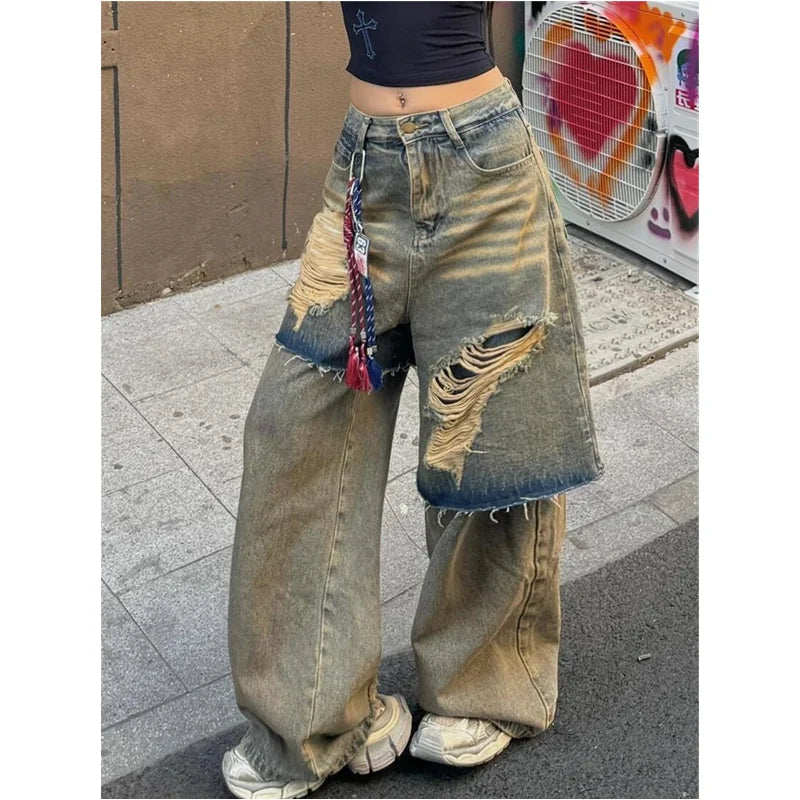 Tassel Fringe Ripped Irregular Patchwork Loose Y2K Hollow-Out Women's Baggy Denim Jeans
