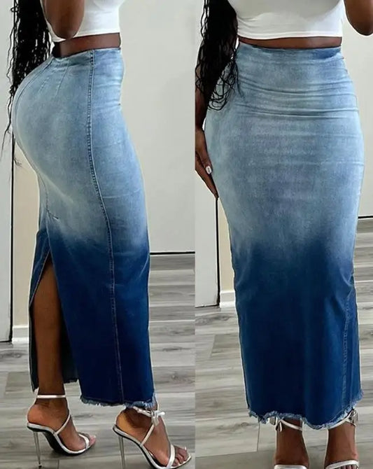 Blue Colorblock Gradient Denim Tie-Dye Print Raw Tassel Hem High Slit Jean Bodycon Maxi Skirt
