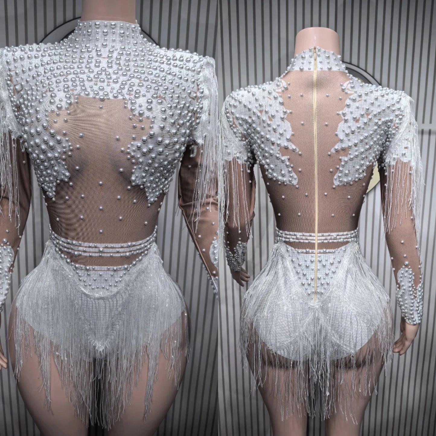Sparkling Rhinestone Hollow-Out Long Sleeve Stage Formal Stage Performance Skin Tight Bodysuit